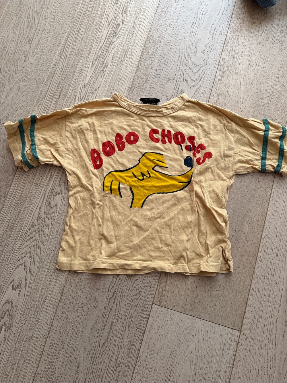 Bobo Choses Yellow Graphic Tee with Teal Sleeve Stripes